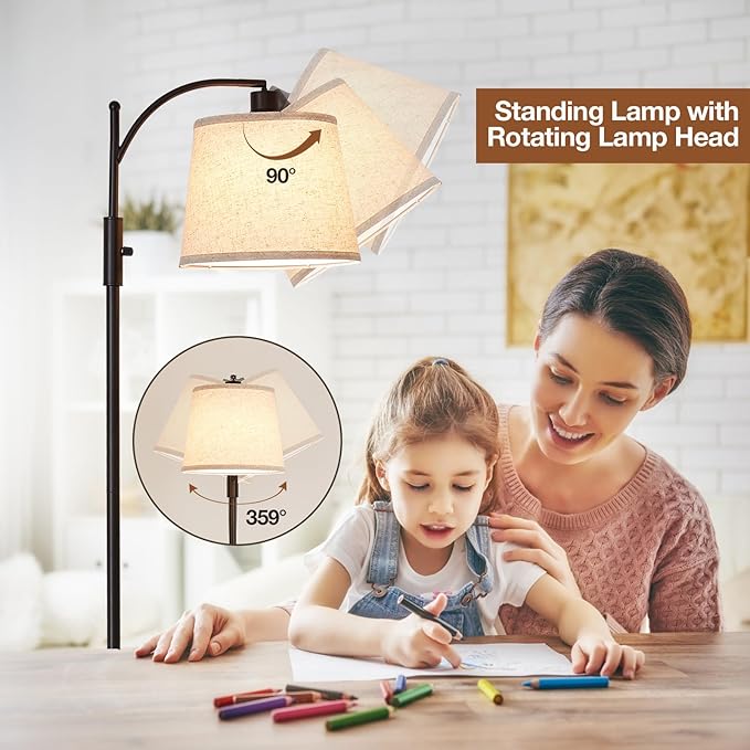 AIDENOEY Fully Dimmable Floor Lamp for Living Room，Standing Lamp Rotary Switch with Table&Linen Beige Shade，Black Tall Lamps for Bedroom with Adjust Head，9W LED Bulb Included