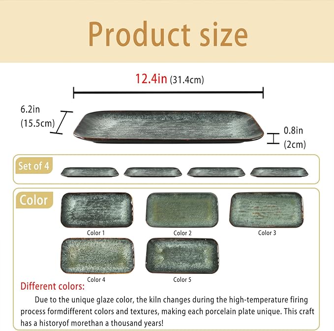 Ceramic Serving Dinner Plate Set, 4-Piece for Main Meals, Tacos, Lunches, Snack, Platters - Microwave and Dishwasher Safe, Scratch Resistant, Kitchen Serving Dinnerware, Black 12.4 Inch