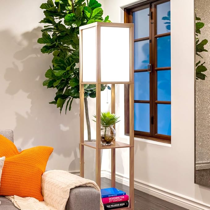 Brightech Maxwell - Modern Shelf Floor Lamp with Lamp Shade and LED Bulb - Corner Display Floor Lamps with Shelves for Living Room, Bedroom and Office - Natural Wood