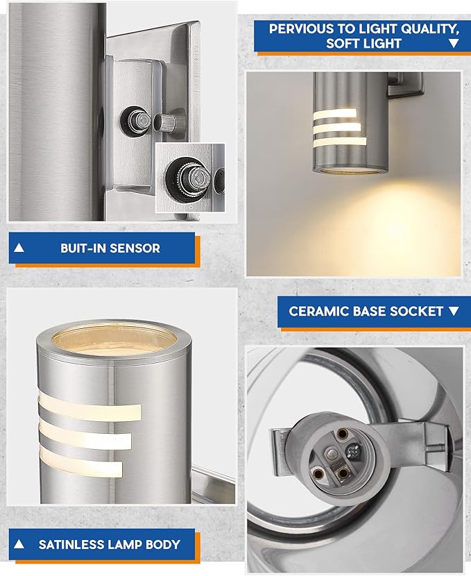 TENGXIN 2 Pack Dusk to Dawn Patio Wall Light Cylinder,Up Down Modern Outdoor Wall Sconce with Stainless Steel Cylinder,Brushed Nickel Exterior Lighting Fixtures
