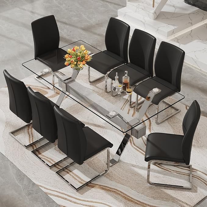 71'' Glass Dining Table Set for 8,9 Piece Dining Table Set with Tempered Glass Tabletop and Open‑Frame X‑Shaped Metal Base,Kitchen Table and Chairs Ideal for Dining Room&Home Office