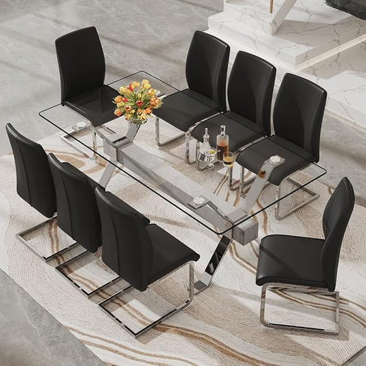 71'' Glass Dining Table Set for 8,9 Piece Dining Table Set with Tempered Glass Tabletop and Open‑Frame X‑Shaped Metal Base,Kitchen Table and Chairs Ideal for Dining Room&Home Office