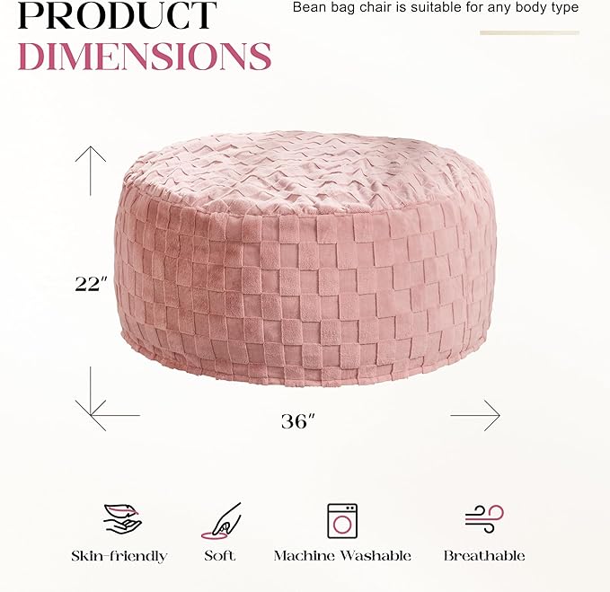 Hobestluk Bean Bag Chairs Beanbag Chair with Filler Adult Bean Bags with Fluffy Plaid Cover, Giant Bean Bag Chairs for Adults for Living Room, Bedroom (Pink, 3FT - 36” x 36” x 22”)