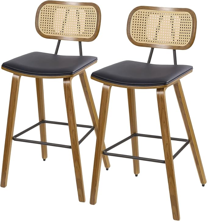 Counter Height Bar Stools Set of 2, Mid Century Modern Counter Stools, 26" Wood Kitchen Stool PU Leather Upholstered Barstool with Rattan Back, Counter Height Island Dining Bar Chair, Black