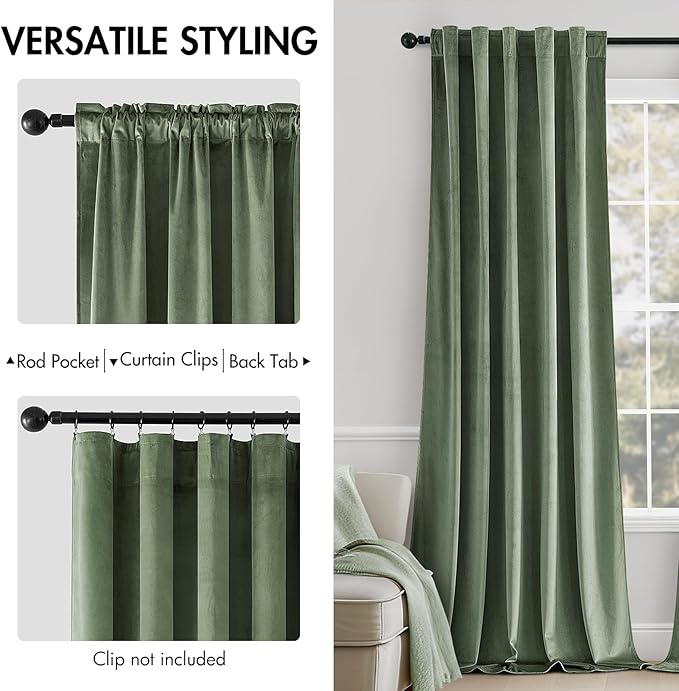 MIULEE Velvet Curtains 72 inches - Luxury Blackout Curtains for Bedroom Living Room Thermal Insulated Super Soft Window Drapes Rod Pocket & Back Tab, Sage Green, W52 x L72 inches, 2 Panels