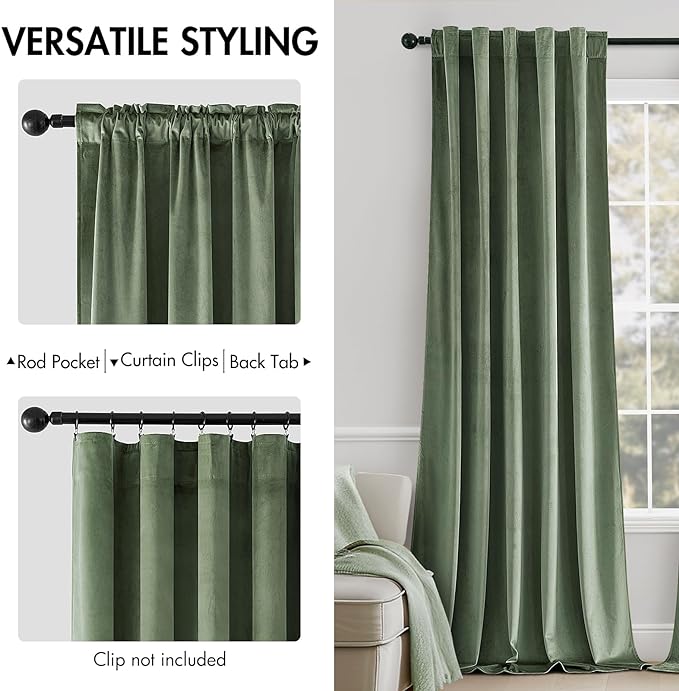 MIULEE Velvet Curtains 108 inches - Luxury Blackout Curtains for Bedroom Living Room Thermal Insulated Super Soft Window Drapes Rod Pocket & Back Tab, Sage Green, W52 x L108 inches, 2 Panels