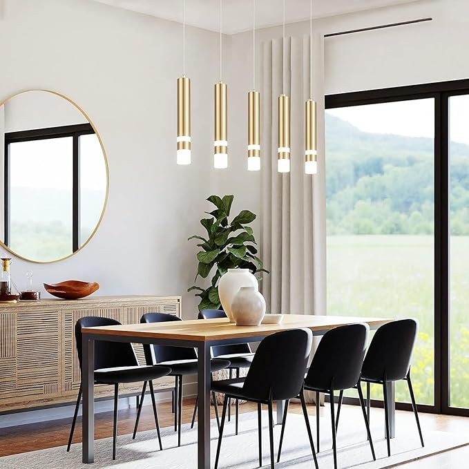 5-Light Dining Room Modern Pendant Light Kitchen Fixture Dimmable LED Gold Pendant Lighting fo Kitchen Island Study Pendant Lights