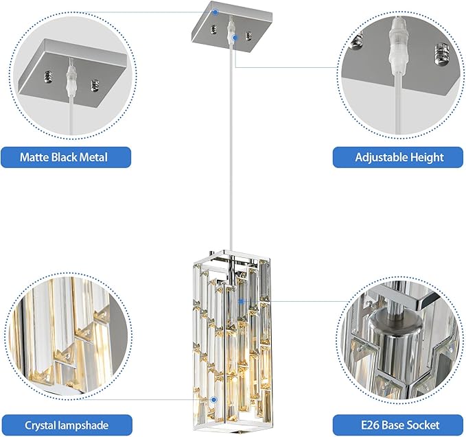 Chrome Pendant Lighting Modern Pendant Light, Mini Crystal Chandeliers,Adjustable Pendant Light Fixture for Kitchen Island Dinning Room Bedroom (3 Pack)