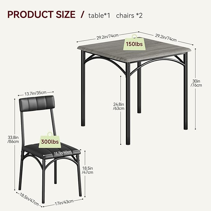 GAOMON Dining Table Set for 2, Kitchen Table with Upholstered Chairs for 2, Small Dining Room Table Set, Square Kitchen Table Set for Small Space, Apartment, Home, Studio, Rustic Grey