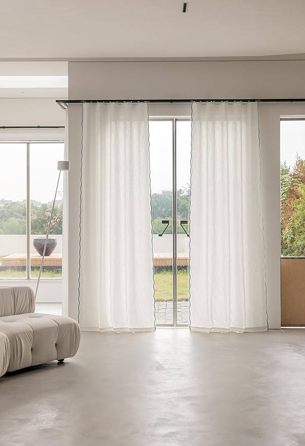 Linen Blend Scalloped/Wavy Trim, Ripple Fold Curtains for Living Room, Bedroom, Home Office, Kids Room & Dining - Light Filtering Curtains - Set of 2 - Mist Blue, (50" W x 96" L)