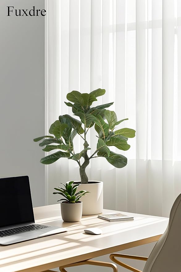 Artificial Fiddle Leaf Fig Tree 23.5 inch, Ficus Tree Artificial with 27 Leaves in Pot for Home Office Decor, Fake Silk Trees Greenery for Indoor House Living Room Store Floor Decoration