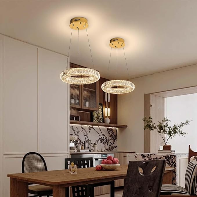 Modern LED Gold Ring Pendant Light 7.8" Dimmable Crystal Chandelier Adjustable Round Crystal Chandelier Light Fixtures for Dining Room Living Room