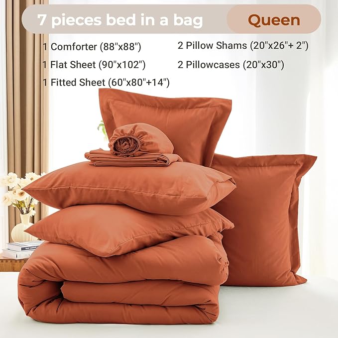 MUXHOMO 7 Pieces Queen Comforter Set, Soft Bed in a Bag Queen Size, All Season Bedding Set with Comforter, Flat Sheet, Fitted Sheet, Pillowcases & Shams, Burnt Orange