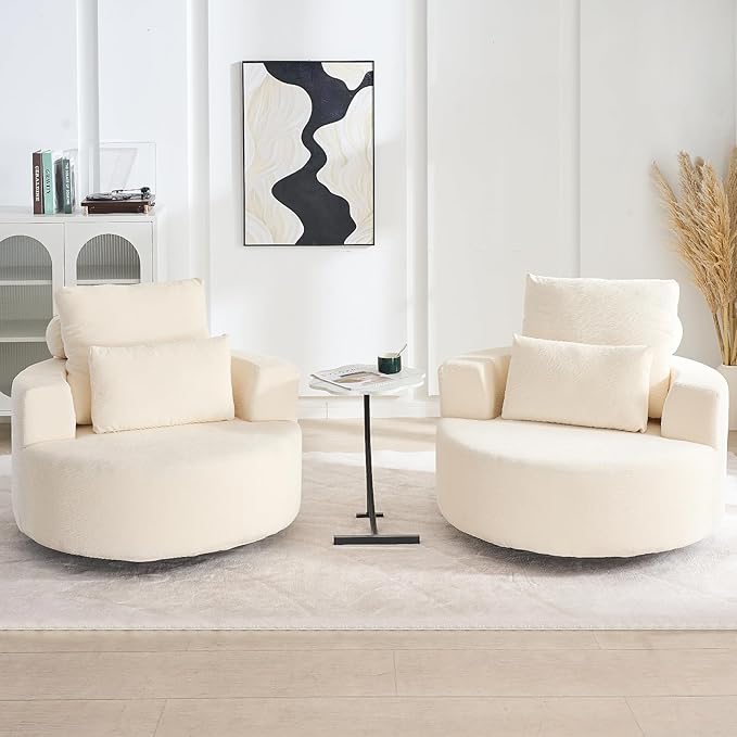 Furnimart 40" Oversized Barrel Accent Chair Set of 2, 360° Swivel Round Upholstered Sofa, Chenille High-Resilience Sponge, No Assembly, Wide Seat for Living Room, Bedroom, Apartment (Beige)