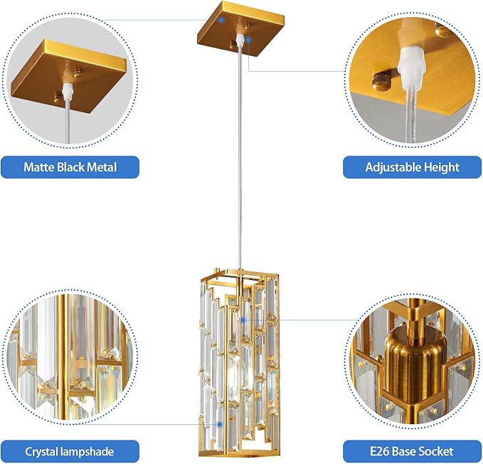 Gold Pendant Lighting Modern Pendant Light, Mini Crystal Chandeliers,Adjustable Pendant Light Fixture for Kitchen Island Dinning Room Bedroom (1 Pack)
