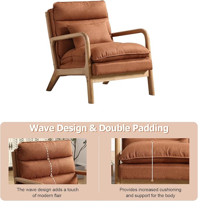 INZOY Mid Century Modern Accent Chair with Wood Frame, Upholstered Reading Armchair with Waist Cushion, Double Padded Accent Chair, Side Chair for Living Room Bedroom Office, Easy Assembly, Brown