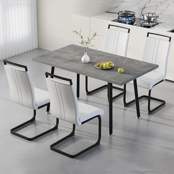 5 Piece Dining Table Set for 4-6,55-71" Extendable Dining Table Set with 4 Upholstered Chairs,Rectangle Kitchen Table Set for Small Space,Dining Room and Office,Grey