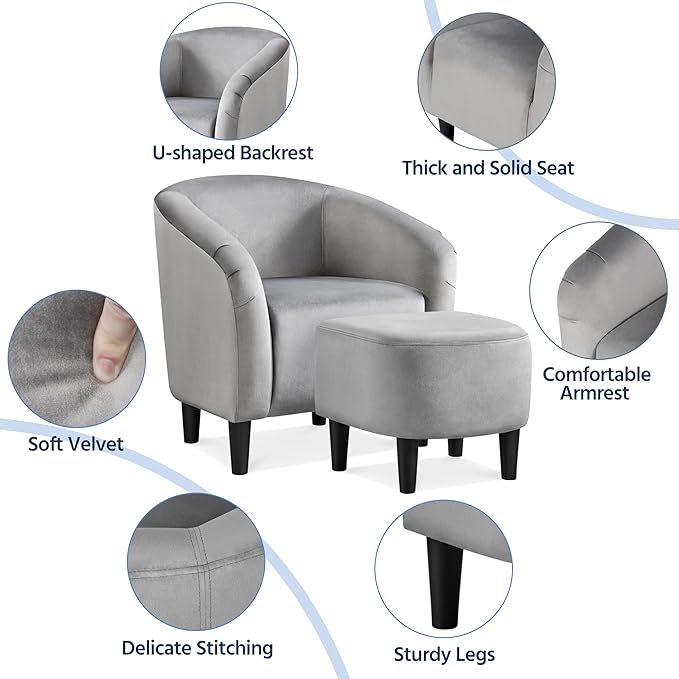Yaheetech Accent Chair with Foot Rest, Mid Century Modern Upholstered Soft Barrel Chair Comfy Fabric Armchair and Footrest Set for Living Room/Bedroom/Reading Room, Gray, 2pcs