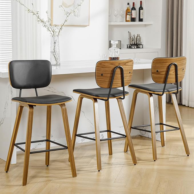 Counter Height Bar Stools Set of 4, PU Leather Upholstered Barstools with Backs, Bent Wood Legs, 26 Inch Seat Height, Mid Century Modern Counter Stools for Kitchen Island, Black