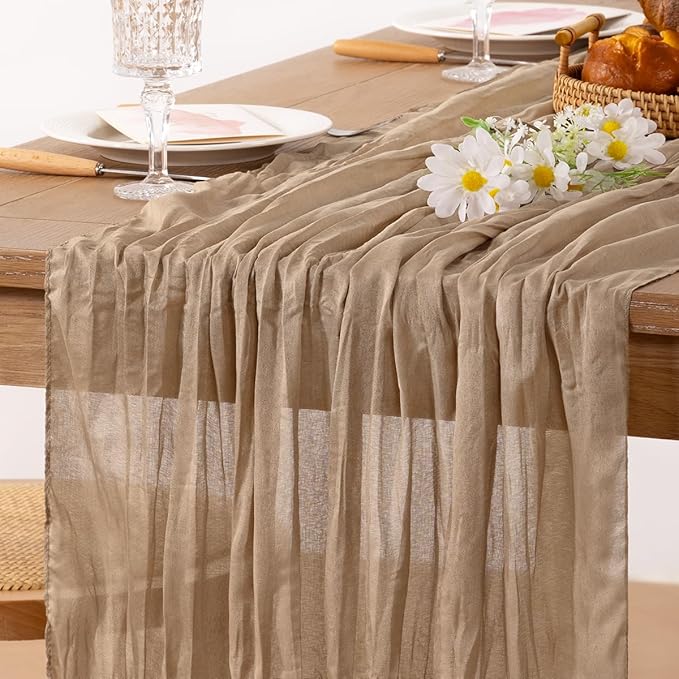 MLMC Nude Cheesecloth Table Runner 10ft Boho Gauze Taupe Cheese Cloth Table Runner Rustic Neutral Fall Centerpiece Decor 35x120 Inches for Wedding Farmhouse Reception Home Decor