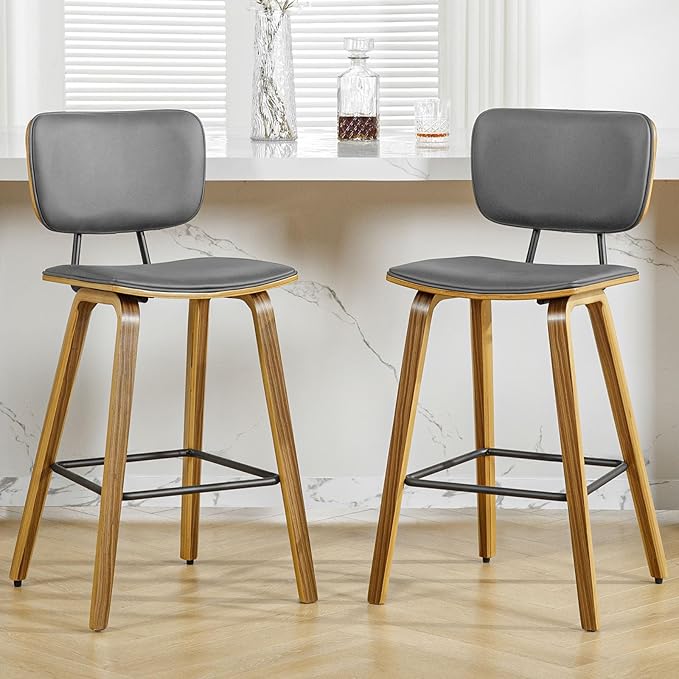 Counter Height Bar Stools Set of 2, PU Leather Upholstered Barstools with Backs, Bent Wood Legs, 26 Inch Seat Height, Mid Century Modern Counter Stools for Kitchen Island, Grey