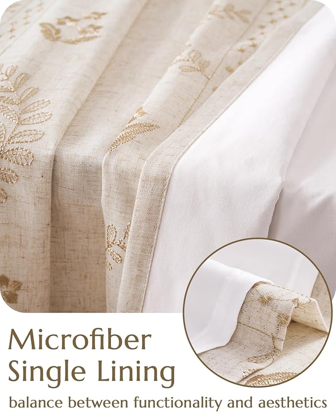 jinchan Belrose Lined Linen Blend Curtains Boho Floral Curtains for Bedroom 63 Inch Length Beige Embroidered Drapes Rod Pocket Farmhouse Flower Drapes for Living Room Window Treatments Set 2 Panels