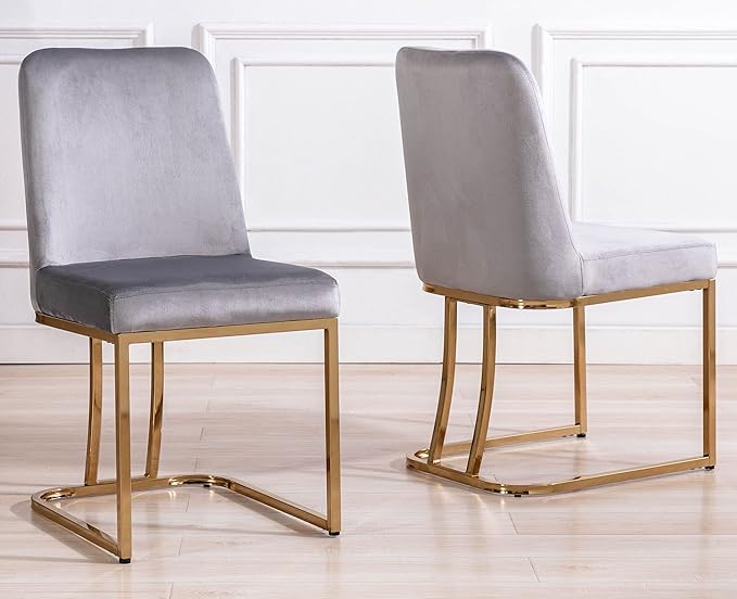 VESCASA Velvet Upholstered Dining Chairs with Back, Mid Century Modern Dining Chairs with Gold Metal Frame for Dining Room, Restaurant, Kitchen, Set of 2, Grey