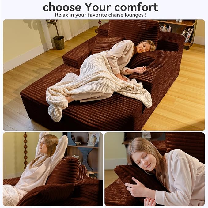 67" Oversized Chaise Lounge Chair Indoor, Cloud Couches for Living Room, Corduroy Sleeper Sofa Bed, No Assembly Required, Deep Seat Lounge Chair with Pillows Orange-Brown