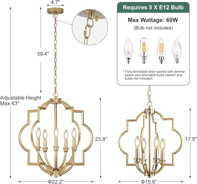 5 Light Gold Orb Chandelier for Dining Room Over Table, 22" Farmhouse Globe Pendant Light Fixtures, Rustic Ceiling Lamp for Kitchen, Living Room, Hallway, Entryway