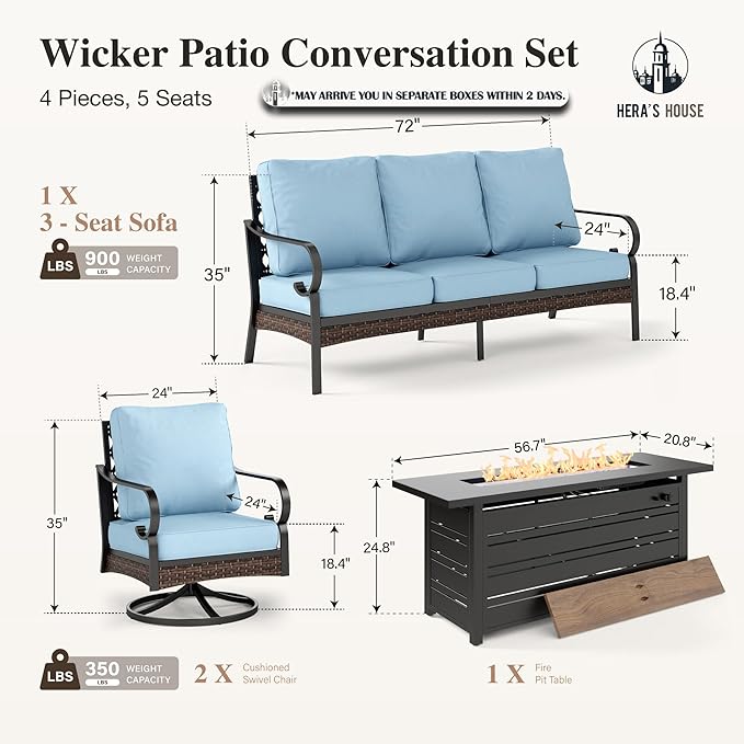 HERA'S HOUSE 4 Piece Patio Furniture Set with 56" Fire Pit Table, 2 x Swivel Cushioned Chair, 1 x 3-Seat Sofa, 5-Seats Outdoor Conversation Set for Lawn Garden Deck, Blue
