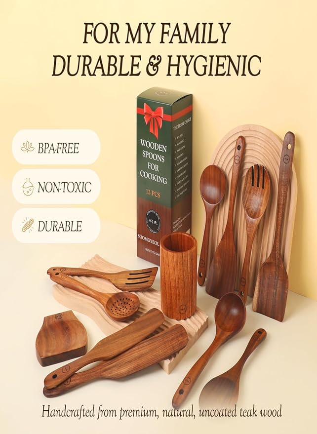 12-Piece Teak Wood Wooden Utensil Set with Spoon Holder & Rest – Non-Stick, Heat Resistant, Durable Cooking Tools – 100% Natural, Food-Safe & Eco-Friendly Kitchen Gadgets
