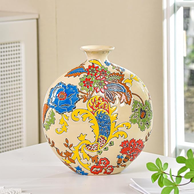 Sungmor High-Class Enamel Painted Porcelain Vase, Traditional Hand-Carved Overglaze Color Ceramic Vase for Fresh Flowers Dried Plants Arrangement, Decorative Vase for Centerpieces, Shelf, Living Room