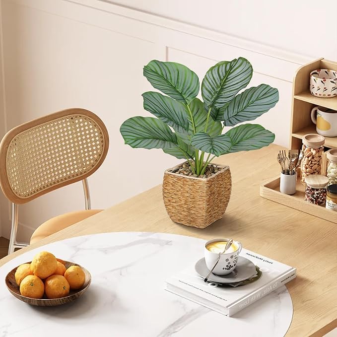 Briful Fake Plants Potted Calathea orbifolia Artificial Plants Indoor Realistic Greenery Faux Plants in Square Plastic Rattan Baskets for Home Decor Farmhouse Office Weddings