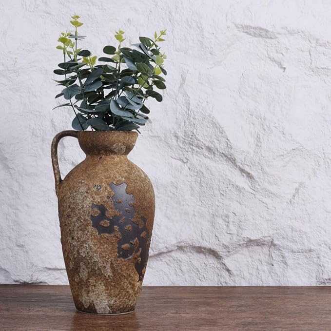 Wabi Sabi Decor Vintage Terracotta Vase with Handles, Rustic Ceramic Farmhouse Vase for Home Decor, Large Antique Vases, Ideal for Centerpieces, Tall Rustic Vases for Dried Flowers, Clay Home Decor