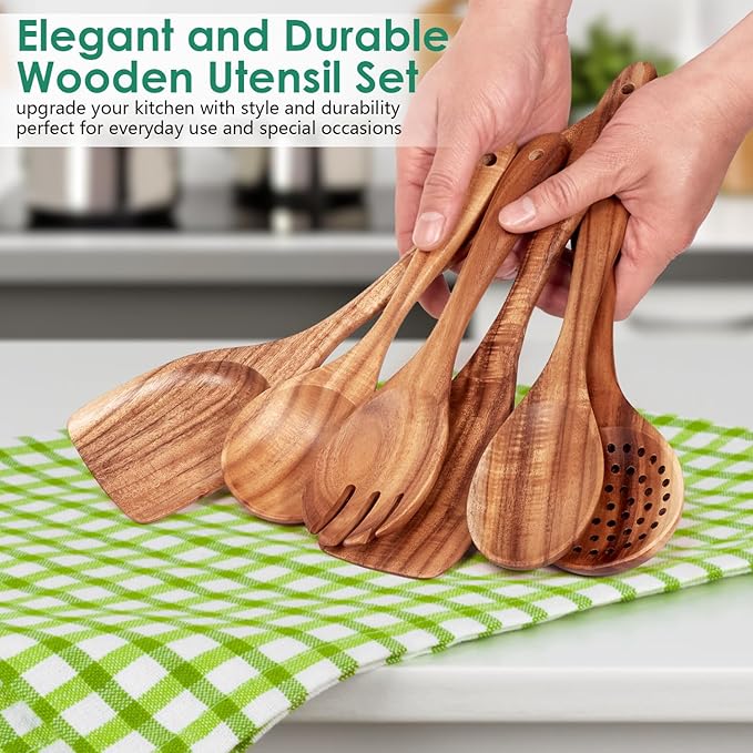 Kitchen 6-Piece Teak Wood Kitchen Utensil Set – Wooden Cooking Spoons with Spatula, Turner & Serving Spoon, Smooth Finish Comfort Grip, Nonstick Safe by Howhong