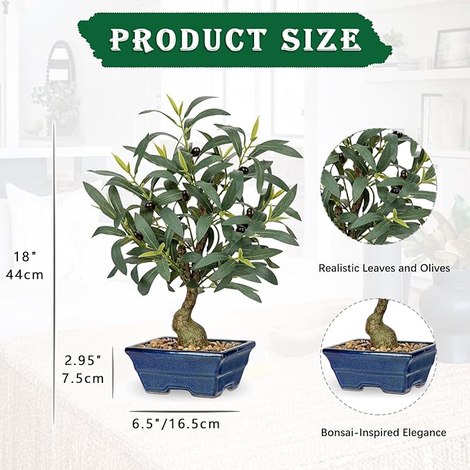 Briful Small Olive Trees Artificial Decor 18'' Fake Olive Plant with Blue Bonsai Pot Decorative Olive Tree for Home Office Countertop Kitchen Table Farmhouse Decor