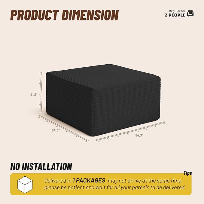 Cozy Square Ottoman, Comfortable Seating, No Assembly Required, Black