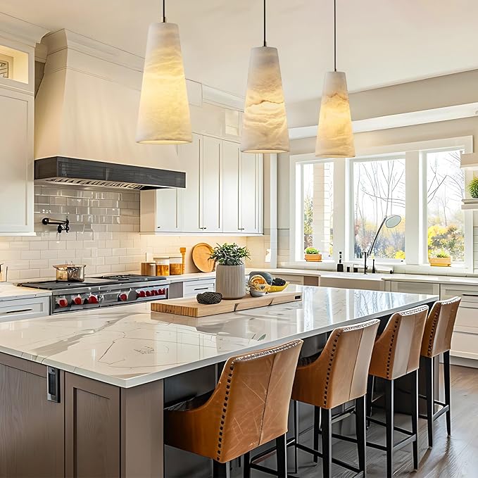 Alabaster Pendant Lights Kitchen Island 2 Pack, H-10in White Pendant Light Fixtures, Marble Conical Shade Copper, Light Pendant for Bedroom Bathroom Dining Room Living Room (Dimmable Bulbs INCL)