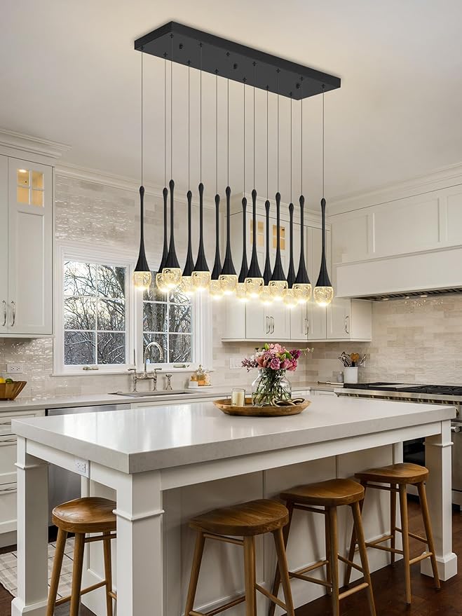 Modern Rectangular Chandelier,14 Lights Black Raindrop Chandelier Lighting,Industrial Linear Pendant Ceiling Light Fixture for Dining Living Room Kitchen Island