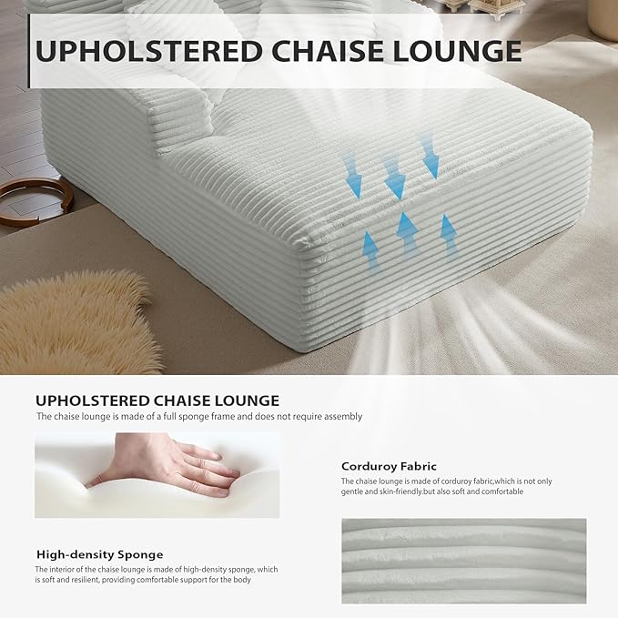 Oversized Chaise Lounge Chair Indoor, Corduroy Sofa Bed with Throw Pillows, Cozy Cloud Couch, Upholstered Sleeper Sofa Couch for Living Room, Bedroom, Apartment, Light Gray