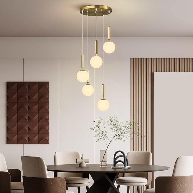 Modern Gold Pendant Light Hanging Fixture Light for Kitchen Island Mid Century with Globe Pendant Light Milk White Glass Pendant Lighting for Living Room Bedroom Entryway (5 Lights)