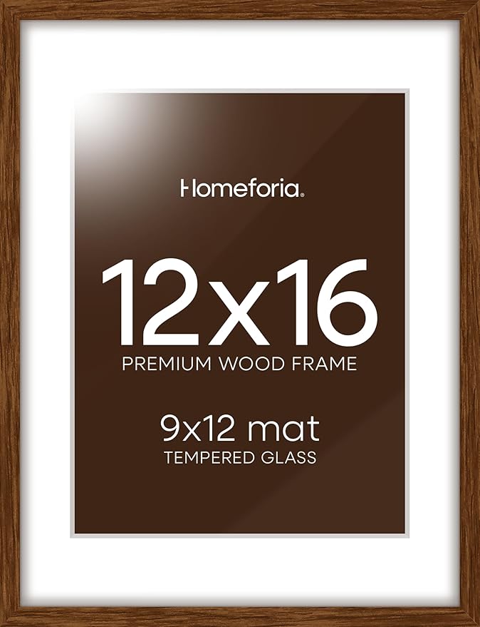 Homeforia 12x16 Picture Frame Brown, High End Dark Oak 12x16 Walnut Wood Poster Frame with Mat 9x12 Print, 12 x 16 Wooden Frame Matted to 9 x 12 Photo, 16x12 Frames, Tempered Glass, Wall Kit, Set of 1