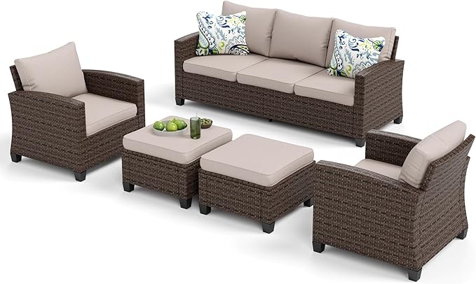 Patio Furniture Set, 5 Pcs Wicker Rattan Outdoor Conversation Set, 2 x Leg Chairs, 1 x 3 Seater Sofa and 2 x Ottoman with 4" Thick Cushion, Beige