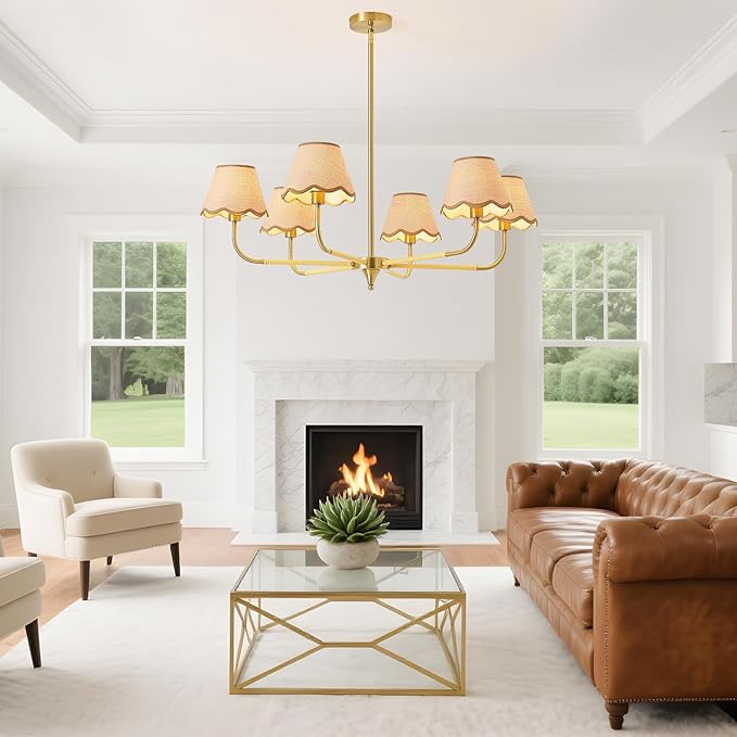 6-Light Boho Rattan Chandelier for Dining Room,37" Farmhouse Chandeliers Light Fixture,Adjustable Height Hanging Pendant Lighting Fixtures for Kitchen Island,Large Hand-Woven Ceiling Lights