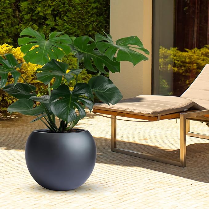 9.7" H x 12" D Globo Fiberstone Round Planter with Drainage Hole, Weather Resistant, Smooth Finish, Planters for Indoor Plants & Outdoor, 2 Extra Coco Mats (Black, 7.8" Pot Opening)