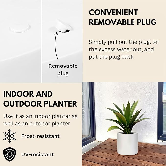 Fox & Fern Matte White Plant Pots with Drainage Plug (Set of 3) — Premium Lightweight Fiberstone 8, 10, and 12 Inch Planters for Indoor and Outdoor Use; Weather Resistant & UV Resistant