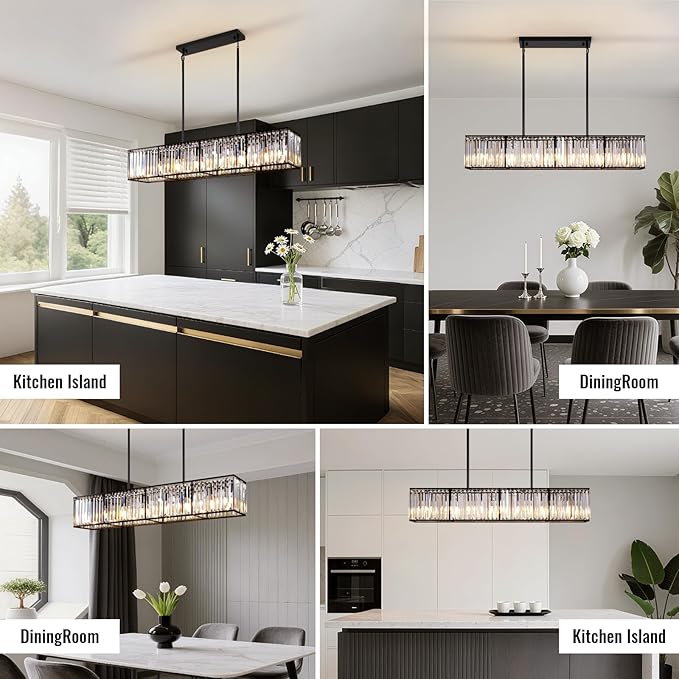Siljoy Modern Crystal Chandelier for Dining Room, 7 Lights Black Large Rectangular Farmhouse Crystal Chandelier Industrial Linear Pendant Ceiling Light for Living Room Kitchen Island Bar L47''