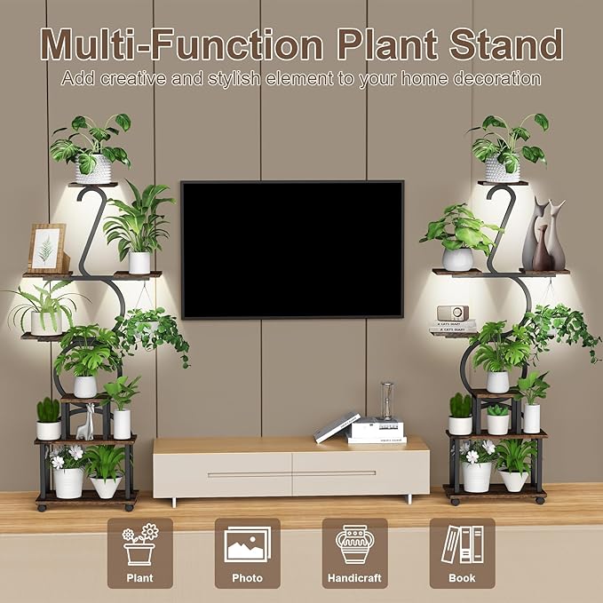 Plant Stand with Grow Lights, 8 Tiered 64" Corner Plant Stand, Metal Plant Shelf Indoor with Wheel, Large Plant Stands, Flower Rack Display for Living Room, Garden, Patio-Thick 1.2MM Steel Frame