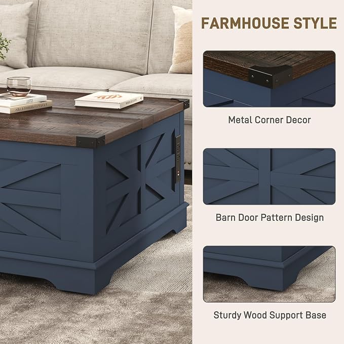36" Farmhouse Movable Lift Top Coffee Table with Storage and Power Outlets, Square Wood Living Room Tables with Wheels&Large Hidden Space, Lift Wooden Barn Door Center Table, Blue