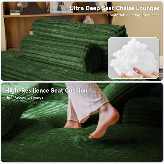 67" Oversized Chaise Lounge Chair Indoor, Cloud Couches for Living Room, Corduroy Sleeper Sofa Bed, No Assembly Required, Deep Seat Lounge Chair with Pillows Green